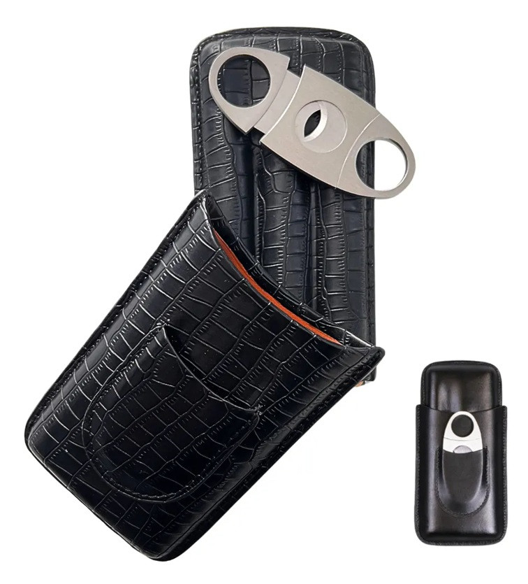 Porta Charutos Couro P/3 Charutos Com Cortador Metal Preto